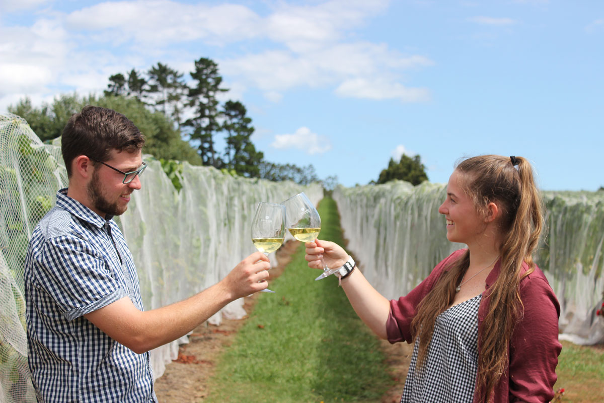 Tyler and Amber Soljian toasting glasses of white wine