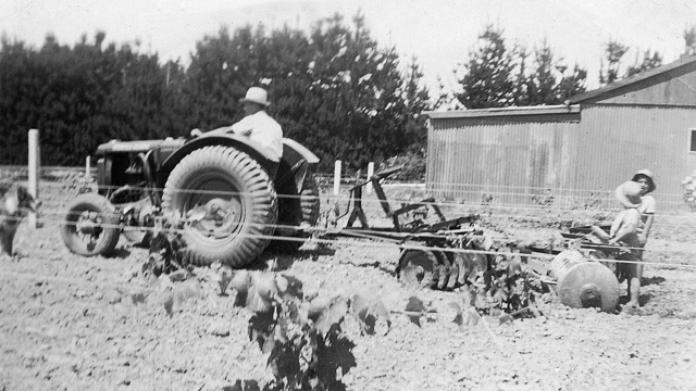 Man on a tractor with two children beside
