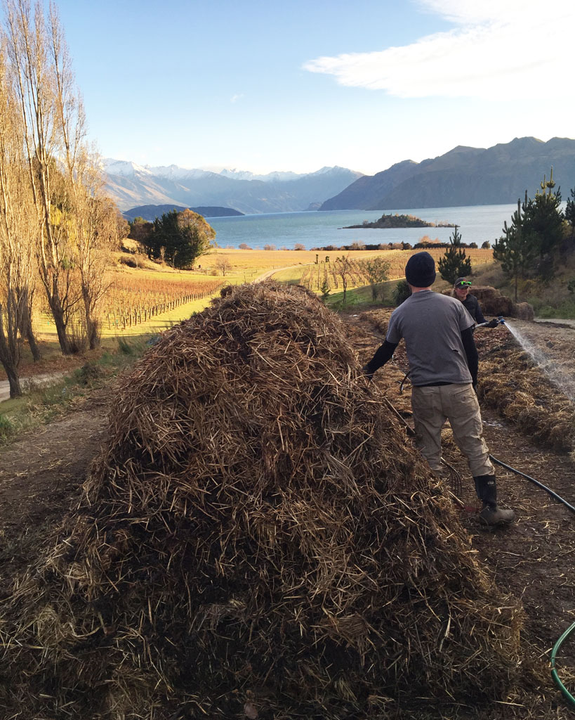 Man making compost out of a large stack of hay