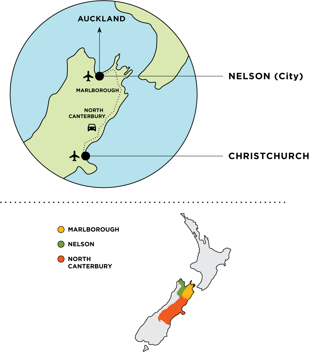 Simple map of Canterbury and Marlborough in New Zealand.