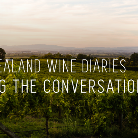 Vineyard image with the text "The New Zealand Wine Diaries Mastering the Conversation"