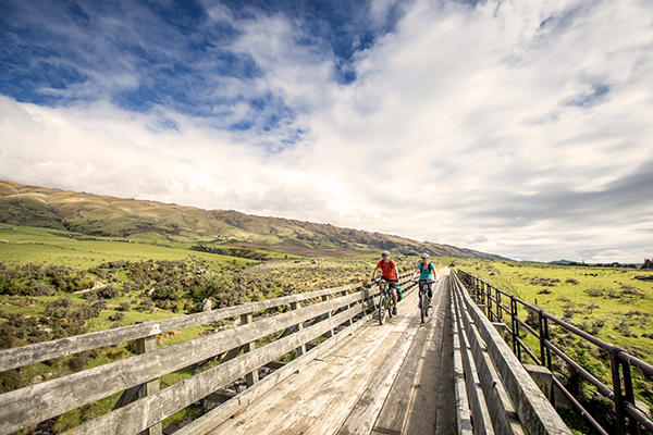 People cycling over bridge