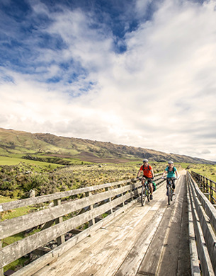 People cycling over bridge
