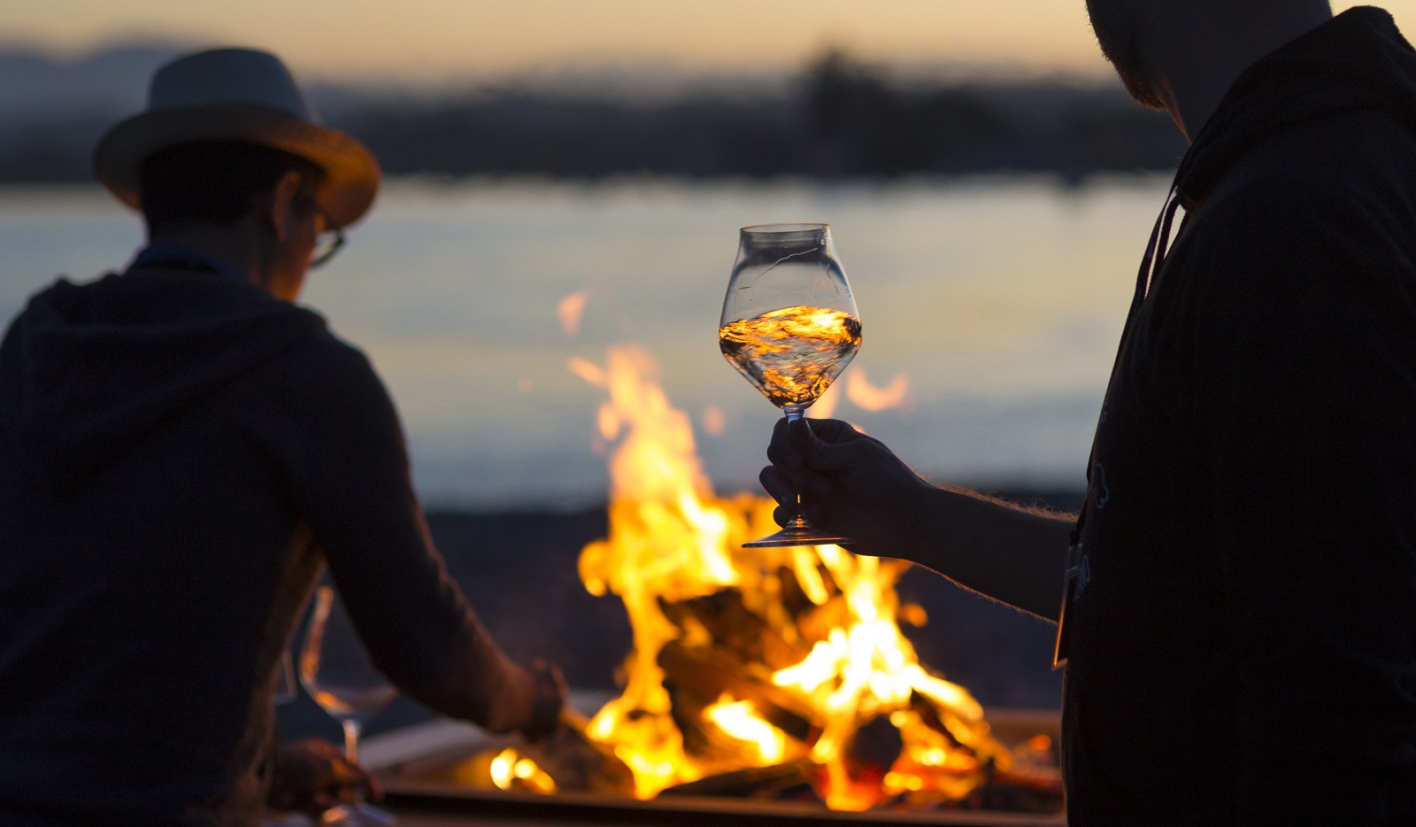 someone holding a wine glass in front of a bonfire
