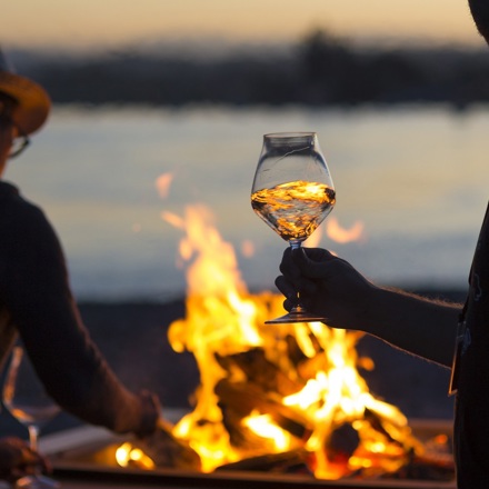someone holding a wine glass in front of a bonfire