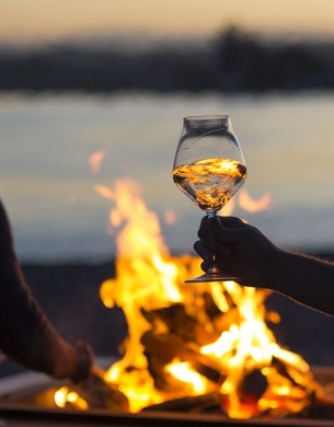 someone holding a wine glass in front of a bonfire