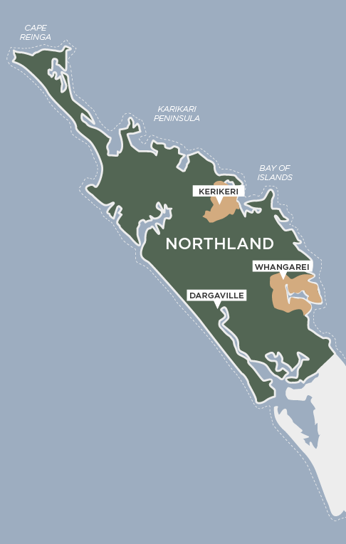 Map of Northland, New Zealand, including major points of interest in