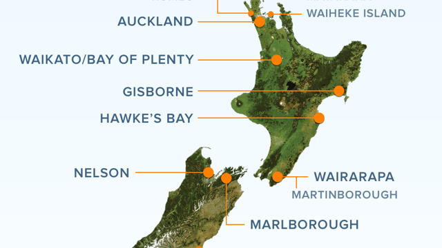 Map of New Zealand identifying its wine regions
