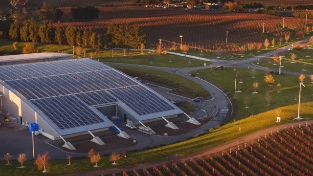 Solar panels seen from above at Yealands Vineyard